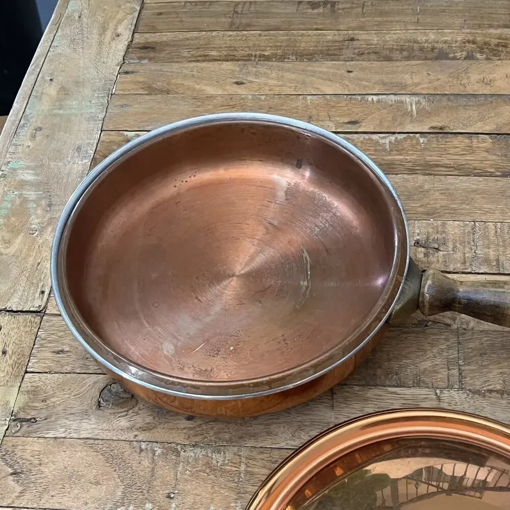 Vintage Copper Saute Pan Skillet with Lid Wood Handle